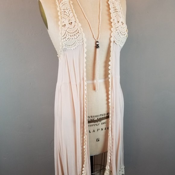 POL Blush Pink Boho Vest with Ivory Lace Women's Size Small - Picture 3 of 8